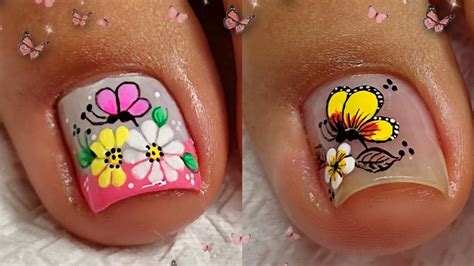 2 Modelos De UÑas Para Pies 🦶 DiseÑos De Uñas Con Flor Y Mariposa 🦋 🌸