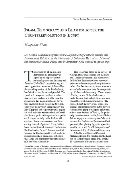 (PDF) Islam, Democracy and Islamism after the Counterrevolution in Egypt