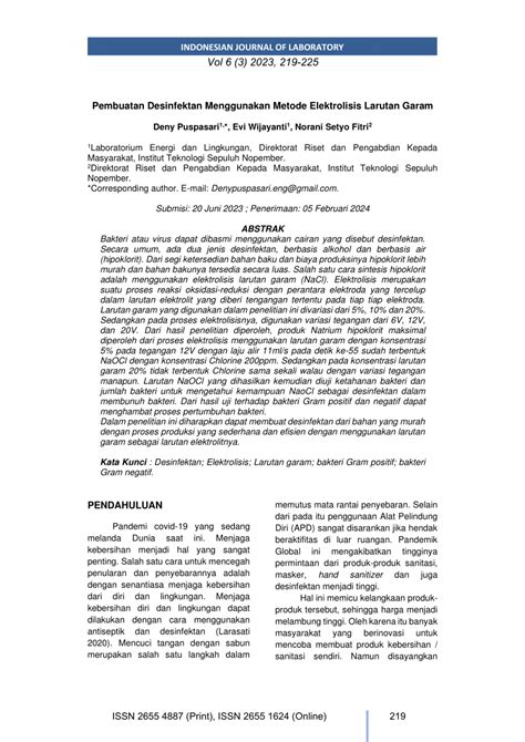 Pdf Pembuatan Desinfektan Menggunakan Metode Elektrolisis Larutan Garam