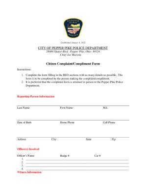 Fillable Online CITY OF PEPPER PIKE POLICE DEPARTMENT Citizen Complaint