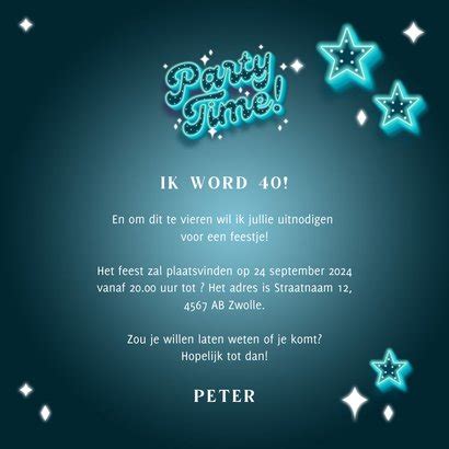 Uitnodiging Neon Party Time Met Sterren Kaartje2go