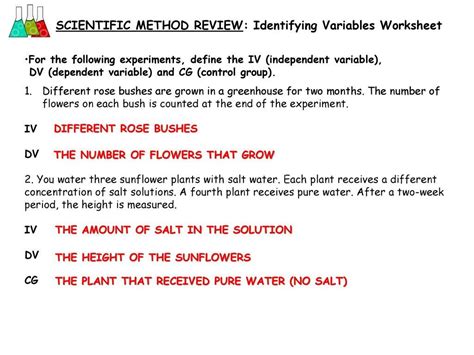 Identifying Variables Worksheet Science