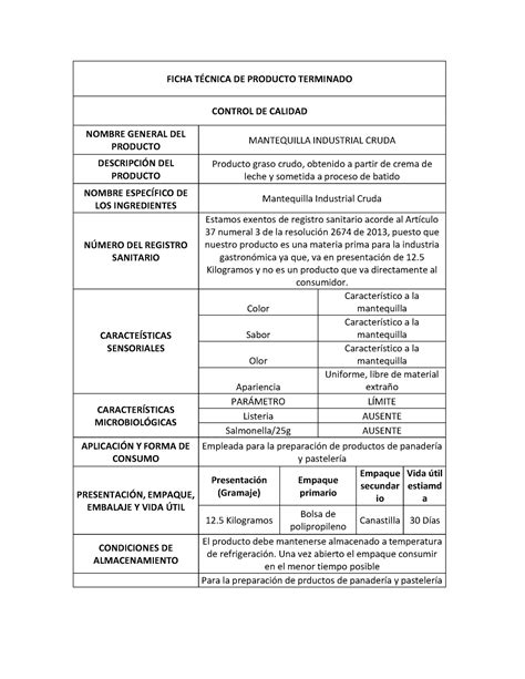 Ficha Técnica De Producto Terminado Mantequilla 1 Ficha T De Producto Terminado Control De