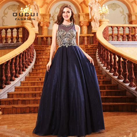 Aliexpress Buy Navy Blue Prom Dresses New O Neck Gold Lace