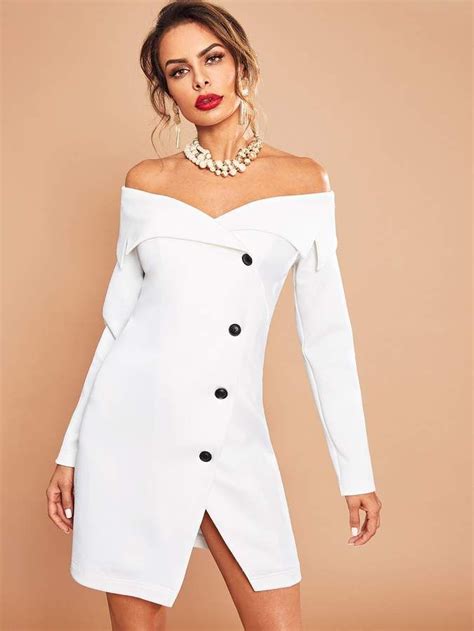 SHEIN Foldover Off Shoulder Button Through Blazer Dress Blazer Dress