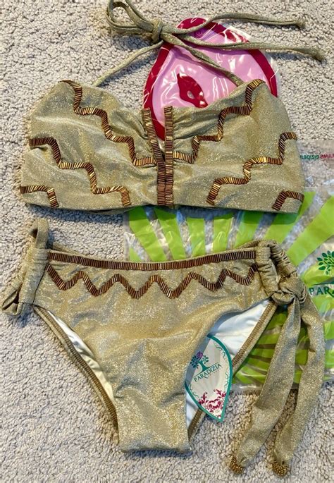 NWT Paradizia 2 Piece Shine Bikini Top Bottom Size S Embellishment