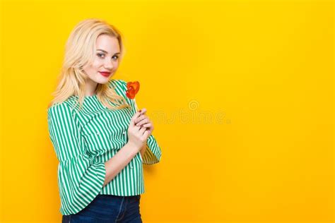 Smiling Blonde Woman Hold Heart Shaped Lollipops Stock Photo Image Of Confectionery Birthday