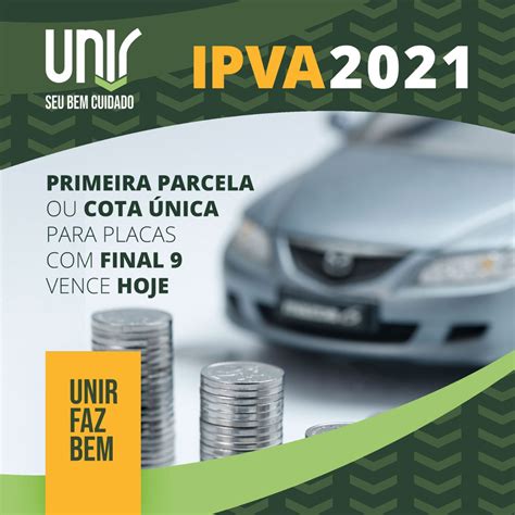 IPVA 2021 RJ 1ª parcela ou cota única para placas final 9 vence