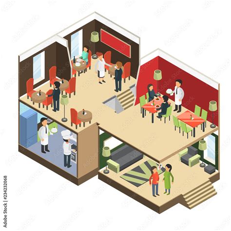 Restaurant Interior Isometric Bar Cafe Buffet Building With Eatting