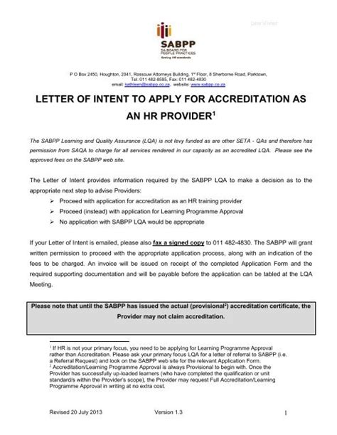 Sample Letter Of Intent Applying For Accreditation