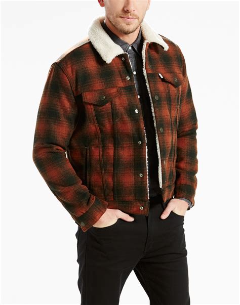 Levi S S Mens Check Type Sherpa Trucker Jacket In Burnt Henna