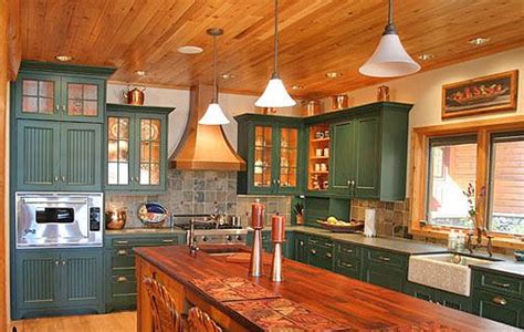 Rustic Log Home Kitchen With Green Cabinets