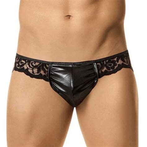 Sexy Black Mens Panties Lace Vinyl Leather Man Hot Exotic Lingerie