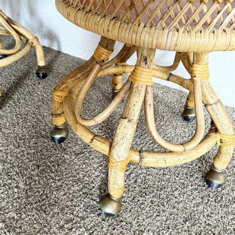 Boho Chic Buri Rattan Bamboo Swivel Barrel Dining Chairs On Casters