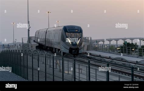 Doha, Qatar- June 06,2022 :Qatar red line metro traveling through the ...