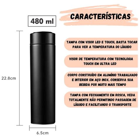 Garrafa Térmica Aço Inox Termômetro Display Digital 480ml Garrafinha