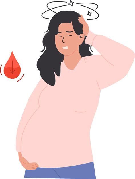 Pregnant woman experiencing dizziness and holding belly with low blood