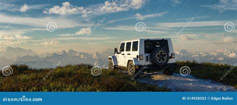 Jeep on Dirt Road with Mountain Landscape in Background. 3d Rendering ...