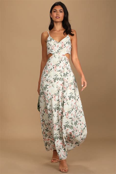 White Floral Print Dress Tie Back Dress Cutout Maxi Dress Lulus