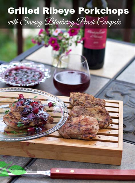 Grilled Rib Eye Pork Chops with Blueberry Peach Compote - Spinach Tiger