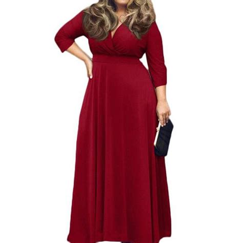 Poseshe Womens Sexy Plunging Neckline 3 4 Sleeve Solid Color Plus Size