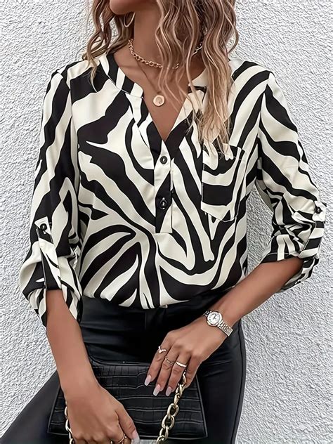 Zebra Print Notched Neck Blouse Vintage Button Front Long Temu Australia