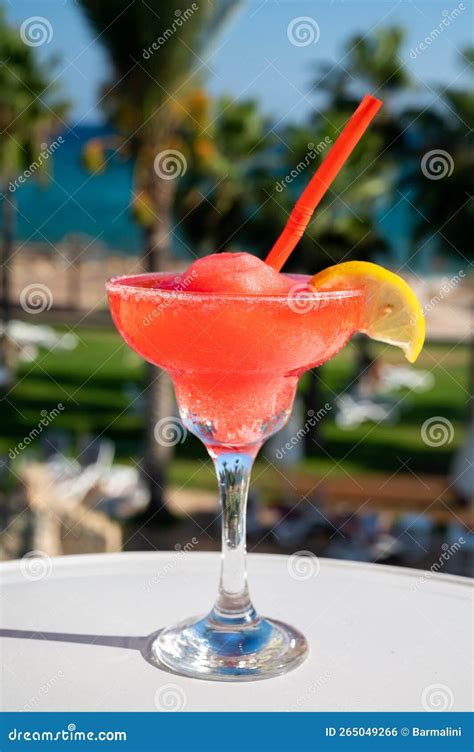 Colourful Cold Strawberry Daiquiri Cocktail Drink Served In Glass At