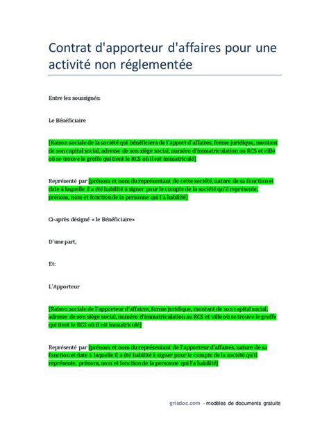 Modèle De Contrat D Apporteur D Affaires En Immobilier