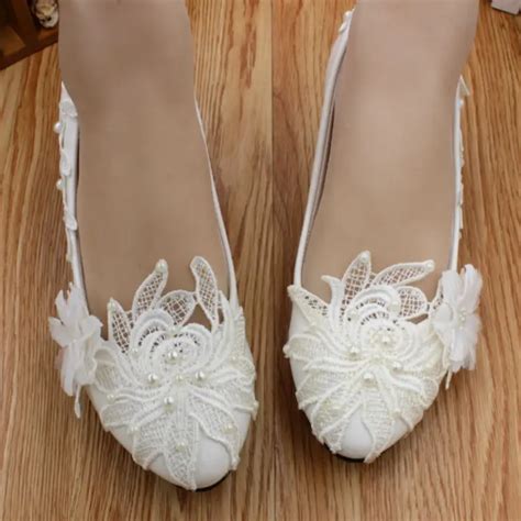 3cm Low Heel Wedding Shoes Woman Hs030 Ivory Off White Lace Pearl