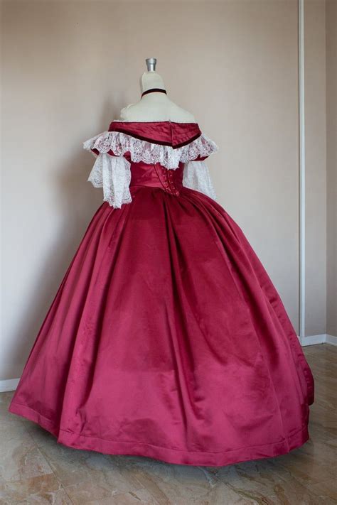 Victorian Prom Dress Victorian Ball Gown Burgundy Satin White Lace