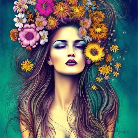 Bohemian Wild Hair Woman Vibrant Flowers Hyper Realistic Intricate