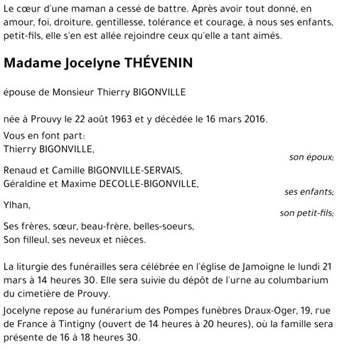 Avis De Décès De Jocelyne Thévenin Décédé Le 16 03 2016 à Annonce