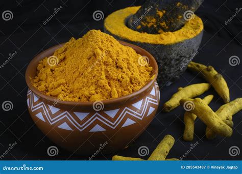 Dry Turmeric Powder Curcuma Longa Linn Stone Mortar Stock Image