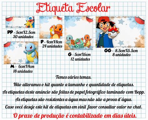 Etiquetas Escolares Personalizadas no Tema Pokémon Elo7