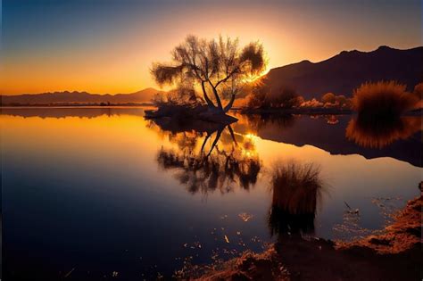 Premium AI Image | Sunset on the lake. Colorful Sky