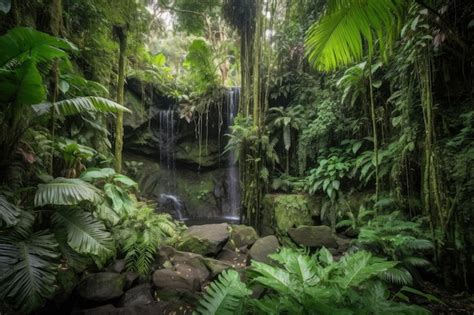 Premium AI Image Lush Jungle With Towering Waterfalls And Lush