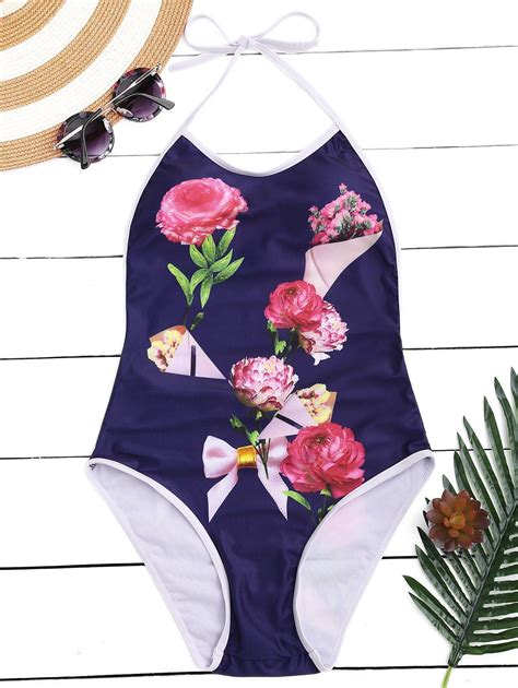 [25 Off] 2019 Floral Halter High Leg One Piece Swimsuit In Cadetblue