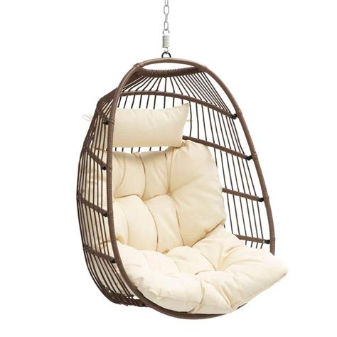 Dextrus Brown Wicker Patio Swing Hanging Egg Chair With Beige Cushion