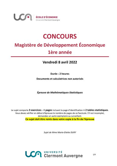 Sujet Mathématiques Statistiques Concours Magistère 2022 CONCOURS