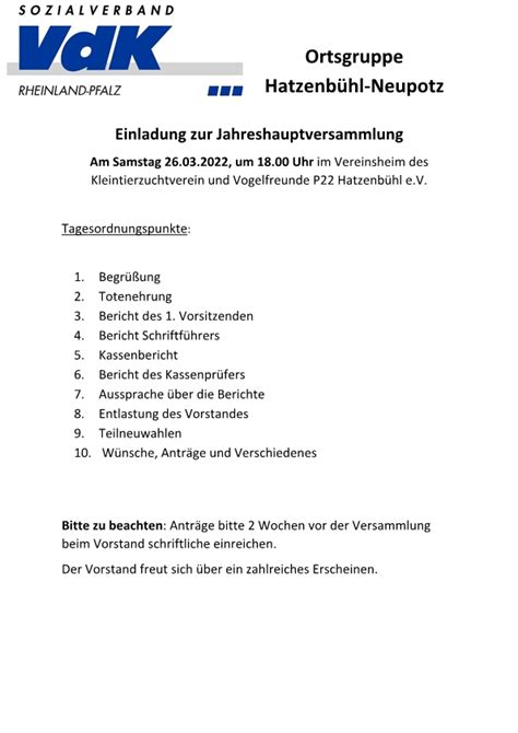 Einladung Zur Jahreshauptversammlung 26 03 2022 Sozialverband VdK