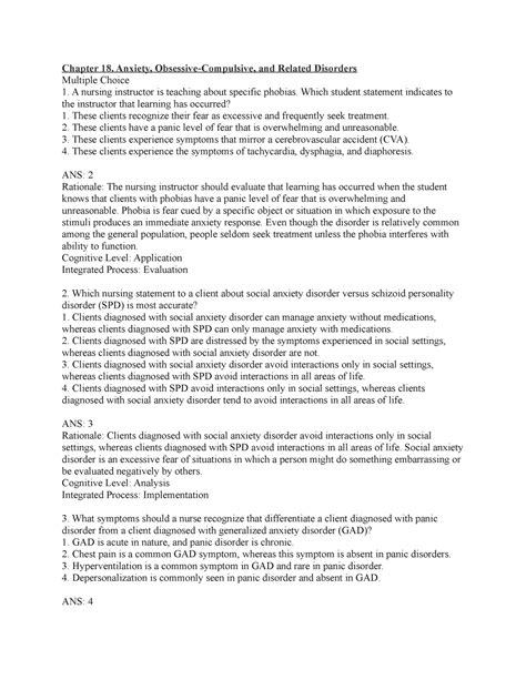 Chapter 18 Anxiety - Test bank example questions for review - Chapter