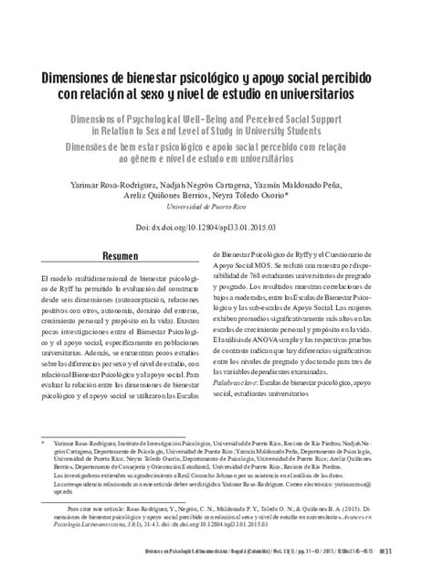 Pdf Dimensiones De Bienestar Psicológico Y Su Relación Con El Apoyo