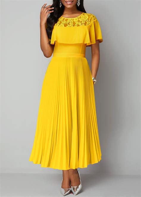 ROTITA Lace Yellow Round Neck Short Sleeve Maxi Dress Rotita