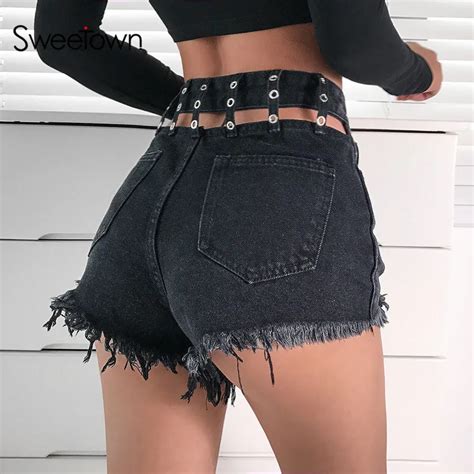 Sweetown Punk Summer Denim Shorts Women Sexy Elelet Hollow Back Short Feminino Streetwear