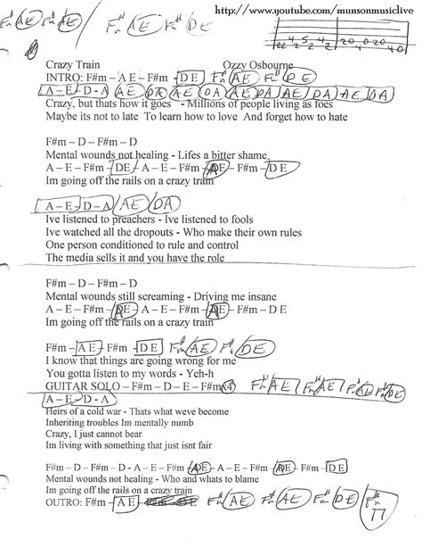 Crazy Train (Ozzy Osbourne) Guitar Chord Chart Guitar Chords And Lyrics ...