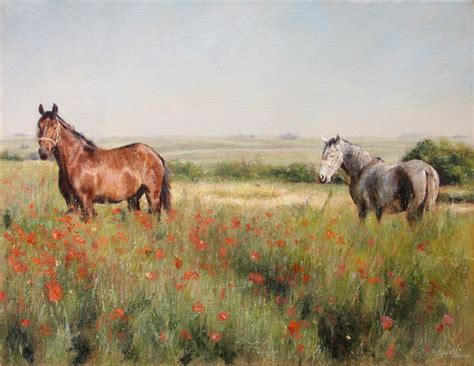 Horses in a Poppy field - Landscape Animals Oil painting - Fine Arts ...