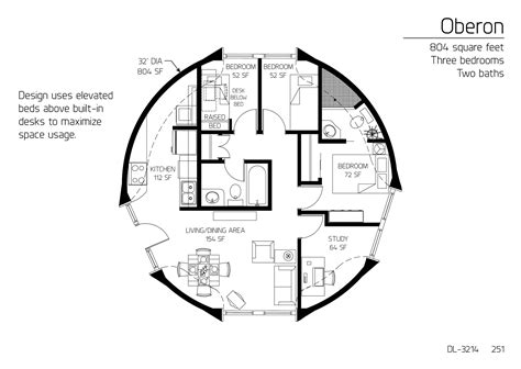 Image Oberon 32 Diameter 804 SF Three Bedroom Two Bath Floor Plan