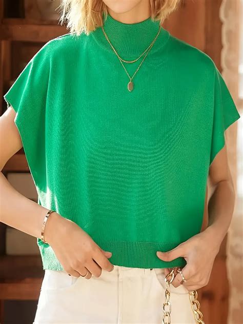 Mock Neck Knitted Top Plus Size Solid Casual Batwing Sleeve Temu New