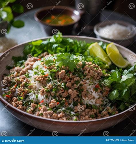 Close-Up Shot of Lao Larb with Fresh Herbs and Spicy Chilies Stock
