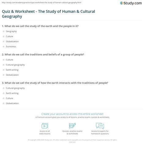 Quiz & Worksheet - The Study of Human & Cultural Geography | Study.com